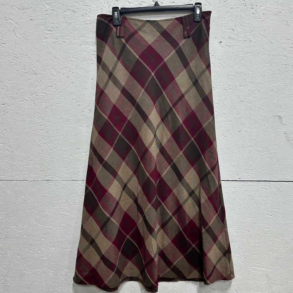 Cato 10 Maxi Skirt Burgundy Tan Plaid Dark Academia Preppy Bias Cut Fall Teacher